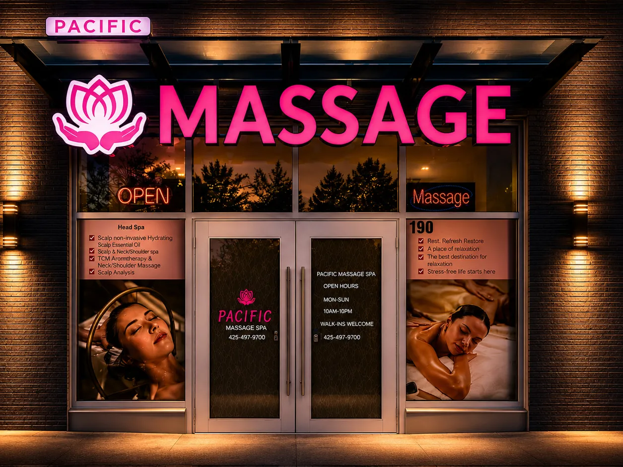 The lit storefront of Pacific Massage & Head Spa after dark, with Suite 190 and the 10 AM to 10 PM daily hours printed on the glass door.